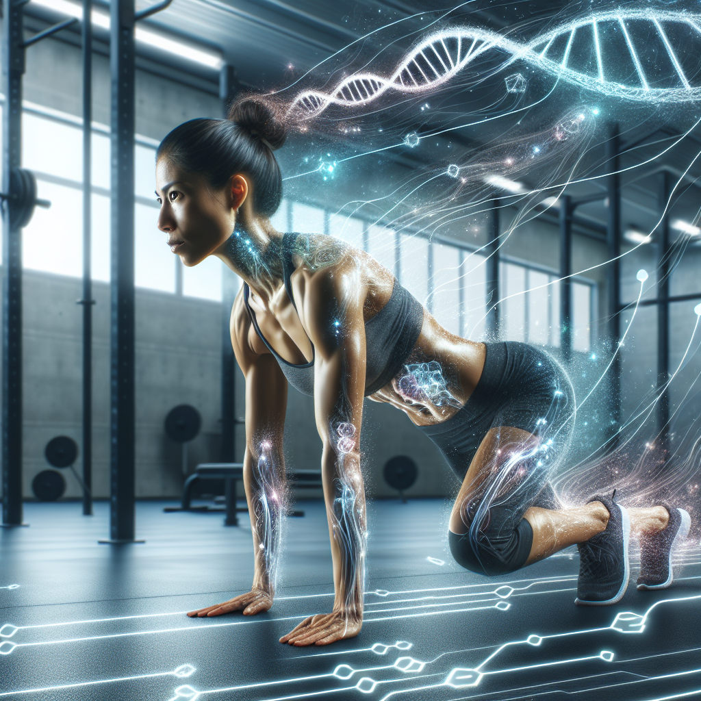 A dynamic illustration of a fit person intensely exercising, for for example, doing burpees or sprinting, with visible sweat glistening on their skin. Subtle, glowing energy currents or abstract biochemical pathways are depicted around their body, symbolizing an activated metabolism. The background is a clean, modern gym setting. The overall image conveys vitality, health, and a powerful internal process.