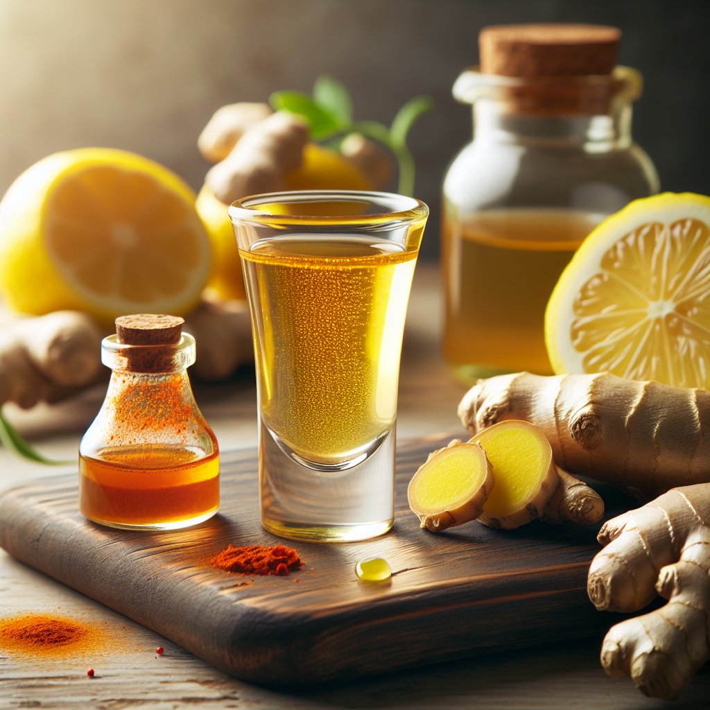 A small, clear shot glass filled with a vibrant, golden-yellow metabolism-boosting liquid, surrounded by its fresh, natural ingredients: bright yellow lemon slices, gnarled ginger root, a small bottle of apple cider vinegar, a sprinkle of red cayenne pepper powder, and a piece of orange turmeric root. The items are artfully arranged on a clean, rustic wooden surface, illuminated by soft natural light, emphasizing health, energy, and a fresh start. Food photography style.