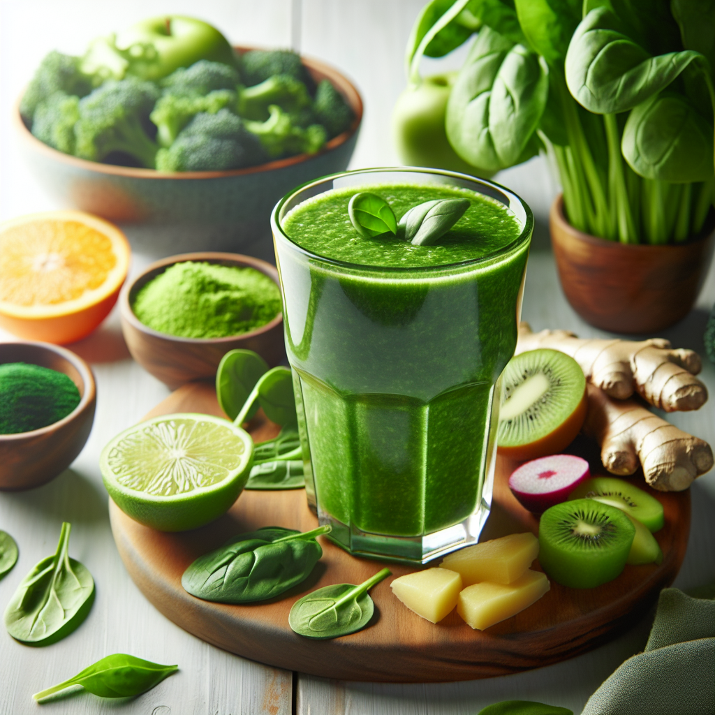 A vibrant, fresh green metabolism-boosting smoothie in a clear glass, with a subtle energetic glow emanating from it. It's surrounded by healthy ingredients like fresh spinach leaves, kale, ginger slices, and a few citrus wedges on a clean, bright wooden surface. The style is bright, inviting, and professional food photography, emphasizing health and vitality.