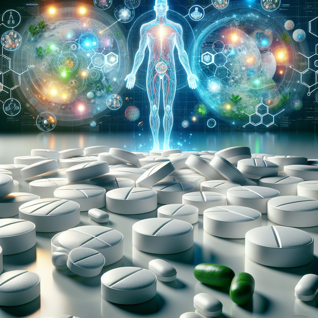 A close-up of several white, round metabolism-boosting tablets, meticulously arranged on a clean, light surface. In the background, a sophisticated, abstract visual representation of the human body's metabolic system with glowing energy pathways and subtle, intricate biochemical symbols. Integrate subtle elements like stylized green tea leaves, coffee beans, or chili peppers in the composition. The overall mood should be scientific, clean, and emphasize internal wellness and vitality. Studio lighting, high detail, sharp focus, vibrant colors.