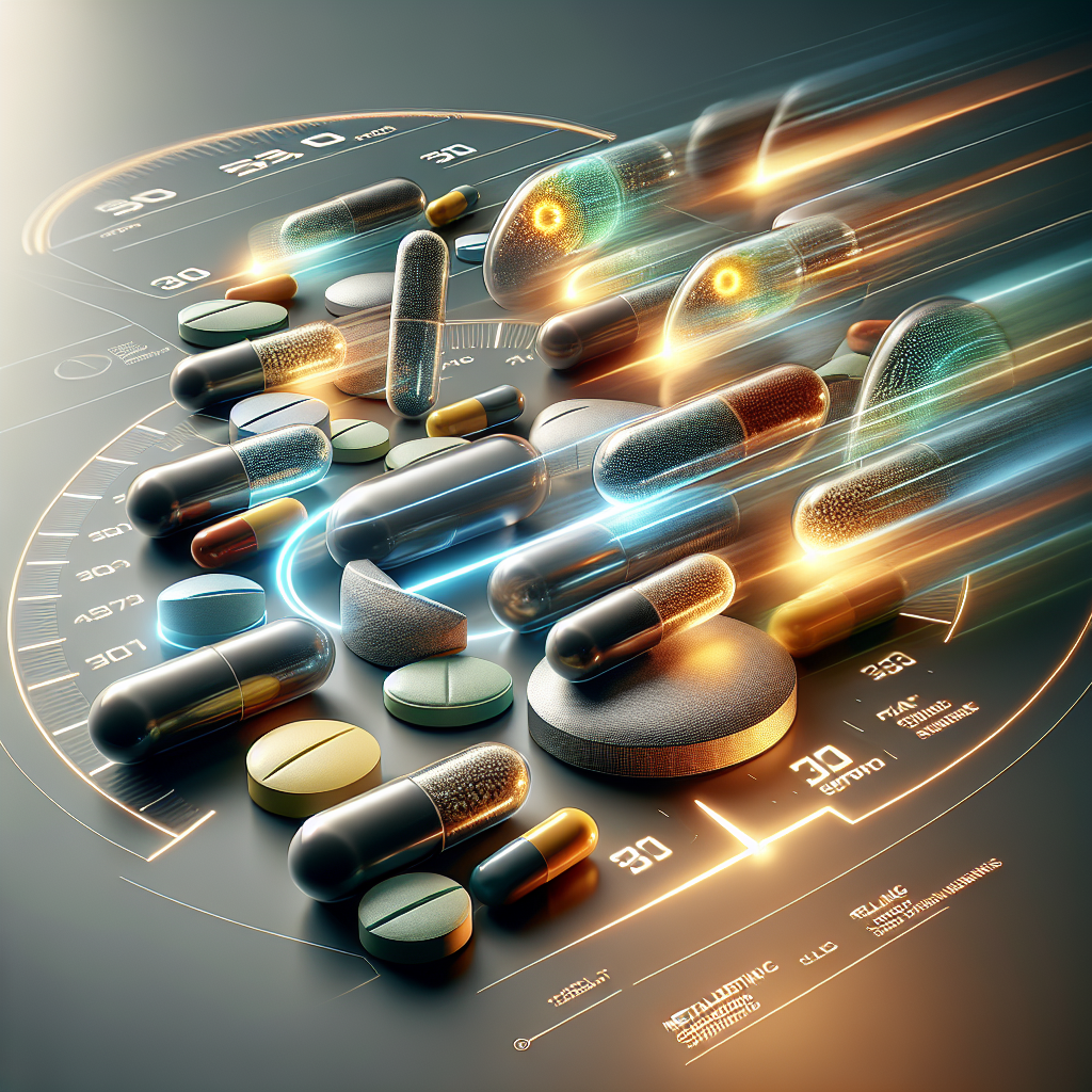 A close-up, high-detail image of various metabolism-boosting supplement pills and capsules, glowing with a subtle, energetic light. They are arranged neatly on a clean, modern surface, possibly with a stylized diagram of an accelerating metabolic process or a speedometer in the background, symbolizing increased energy and fat burning. The style is clean, professional product photography with a touch of dynamic conceptual art.