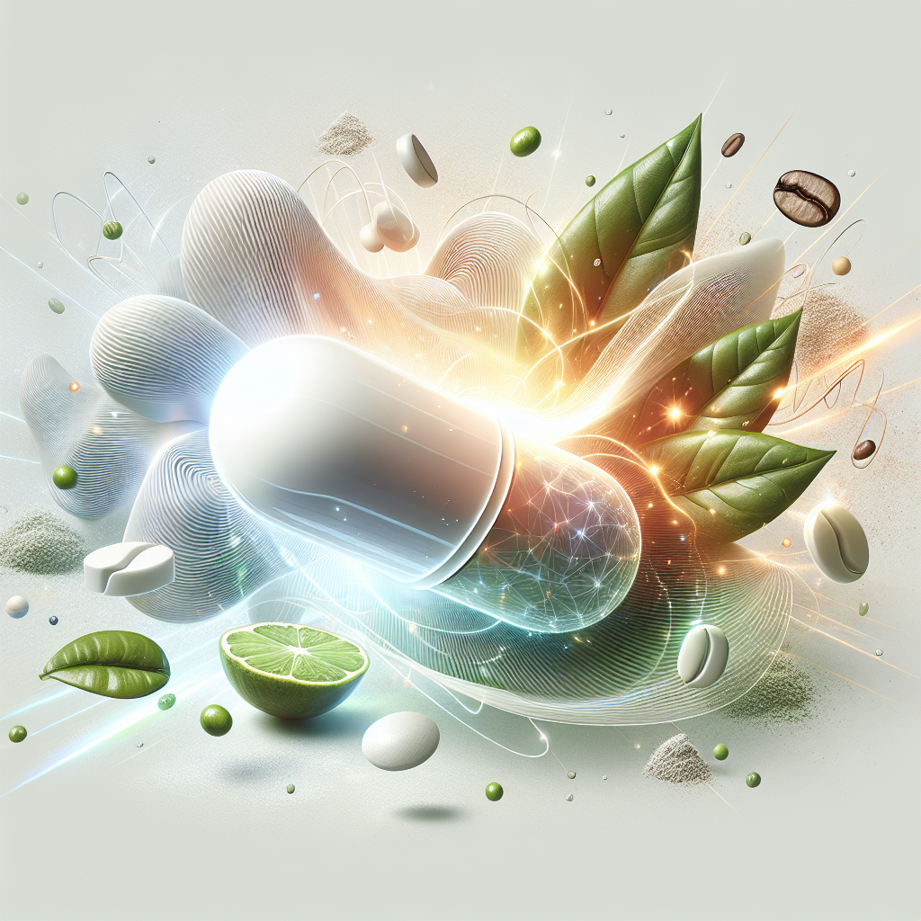A dynamic and sleek illustration featuring a modern, glowing white capsule at its center, surrounded by swirling energy lines and subtle representations of fat cells transforming into energy. Nearby, fresh green tea leaves and a coffee bean hint at natural ingredients. The overall style is clean, vibrant, and health-focused, symbolizing boosted metabolism and vitality. Digital art.