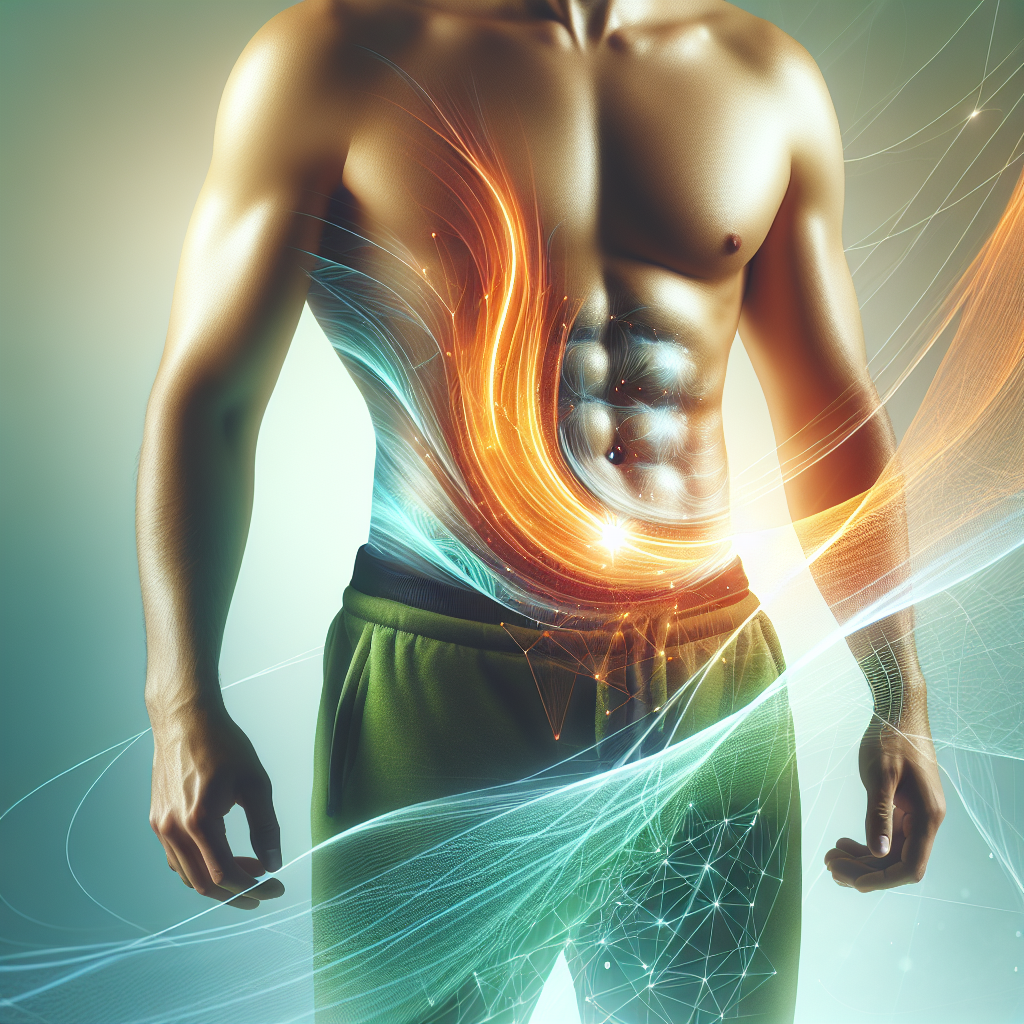 A vibrant and conceptual digital illustration showing a healthy, athletic human torso (midsection), with dynamic, flowing energy lines and a subtle glow emanating from the abdominal area, symbolizing an active metabolism efficiently burning belly fat. The background is clean and slightly blurred, emphasizing the body's internal vitality and the process of weight loss. The style is modern and inspiring, using warm, energetic colors like green, orange, and light blue.