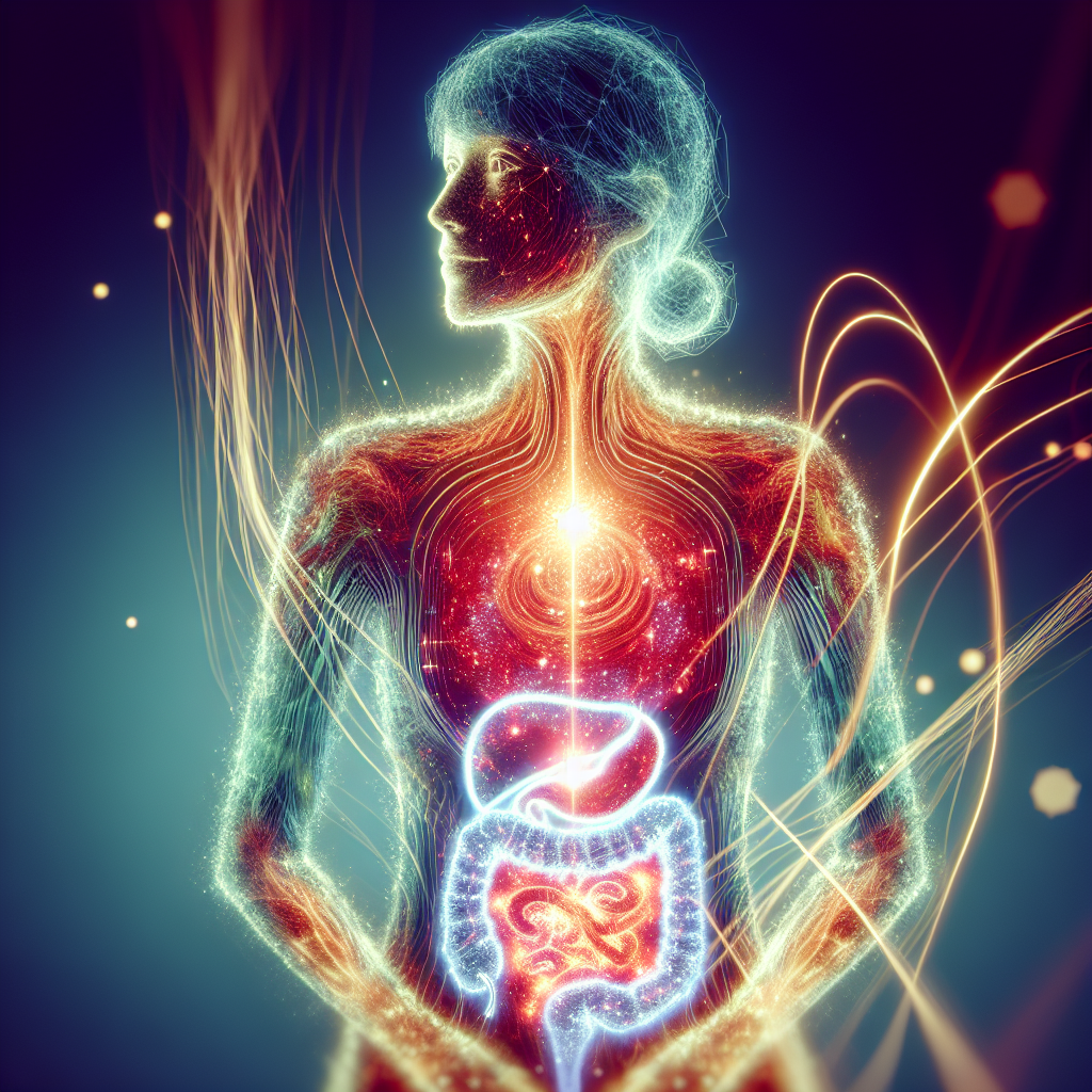 A vibrant, healthy person with an internal glow and subtle, dynamic energy lines flowing harmoniously around their core, symbolizing efficient metabolism and smooth digestion. The person exhibits a sense of well-being, vitality, and balance. Modern digital illustration, soft lighting, inviting colors.