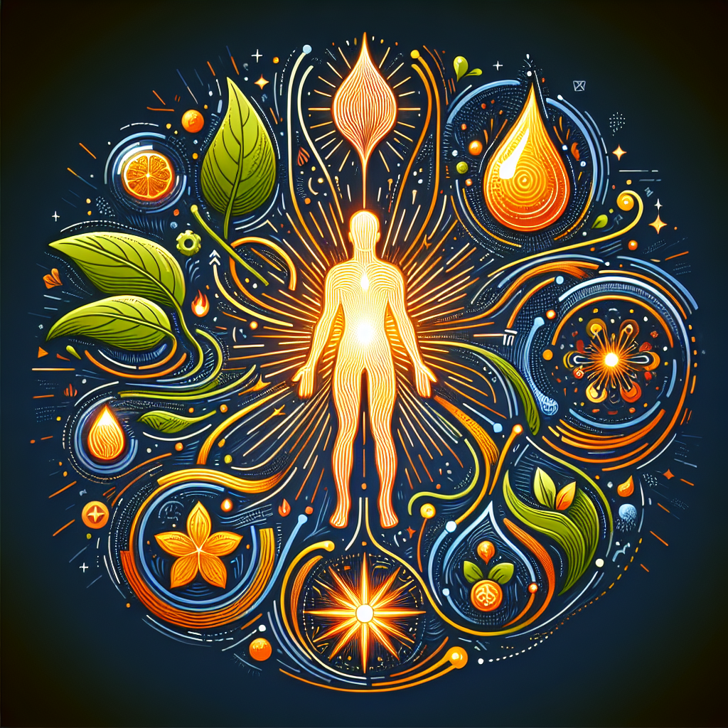 A vibrant, high-energy conceptual illustration of metabolism activation. A stylized human body outline or a central core glows with warm, dynamic energy, representing an active metabolism. Around it, flowing lines connect to symbolic elements like a fresh green leaf, a sparkling water droplet, a lean protein source, and a small stylized flame or spice, indicating various methods of boosting metabolism. The background is clean and modern, with an overall sense of efficiency, vitality, and internal power. Art style: digital illustration, bright and optimistic colors, clean lines.