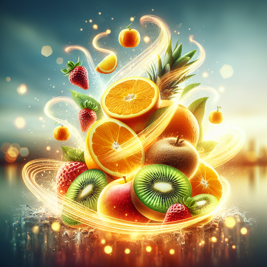 A vibrant and dynamic digital illustration for a health blog. The central focus is an energetic composition of fresh, whole and sliced fruits rich in Vitamin C, such as bright oranges, tangy kiwis, and juicy strawberries. From these fruits, subtle, glowing golden energy particles and upward-surging lines emanate, symbolizing a natural metabolism boost and increased vitality. The background is clean and soft-focused, suggesting a healthy, active lifestyle. The overall mood is uplifting and invigorating, with a modern, crisp aesthetic.