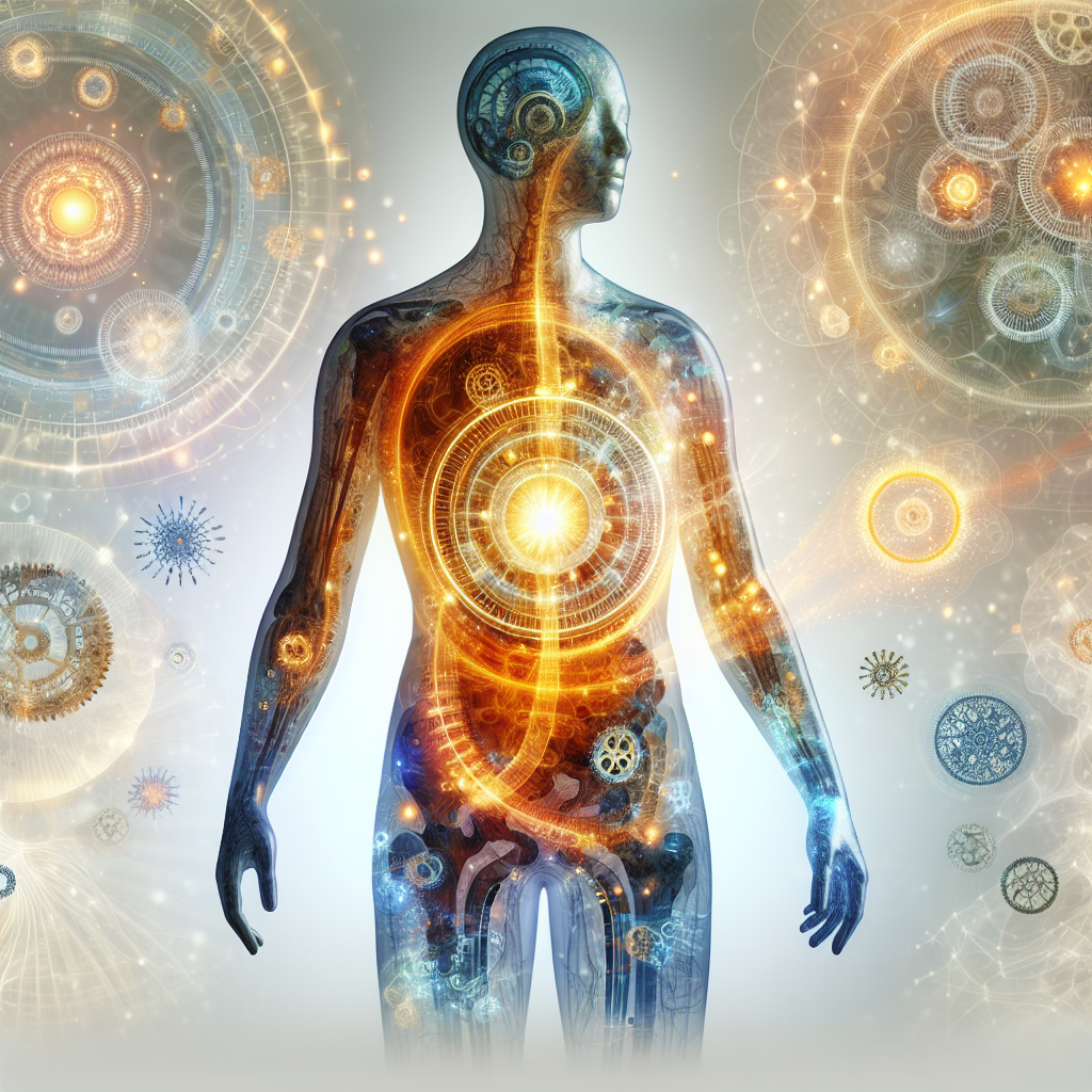 A vibrant, stylized digital illustration depicting the human body with a translucent overlay, revealing internal mechanisms like glowing gears and intricate energy pathways actively pulsating within. A bright, golden aura of energy radiates from the body's core, symbolizing increased vitality and efficient metabolism. The figure has a lean, healthy silhouette, subtly conveying weight loss and overall well-being. Clean, inspiring background, high detail, scientific yet approachable.
