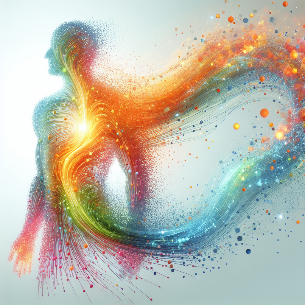 A vibrant, abstract illustration representing the human body's metabolism. Show a stylized, energetic flow of light and colorful particles moving through a translucent human silhouette, symbolizing the conversion of nutrients into energy and active internal processes. Emphasize a feeling of vitality, warmth, and efficiency. The background is clean and bright, conveying health and well-being. Digital art.