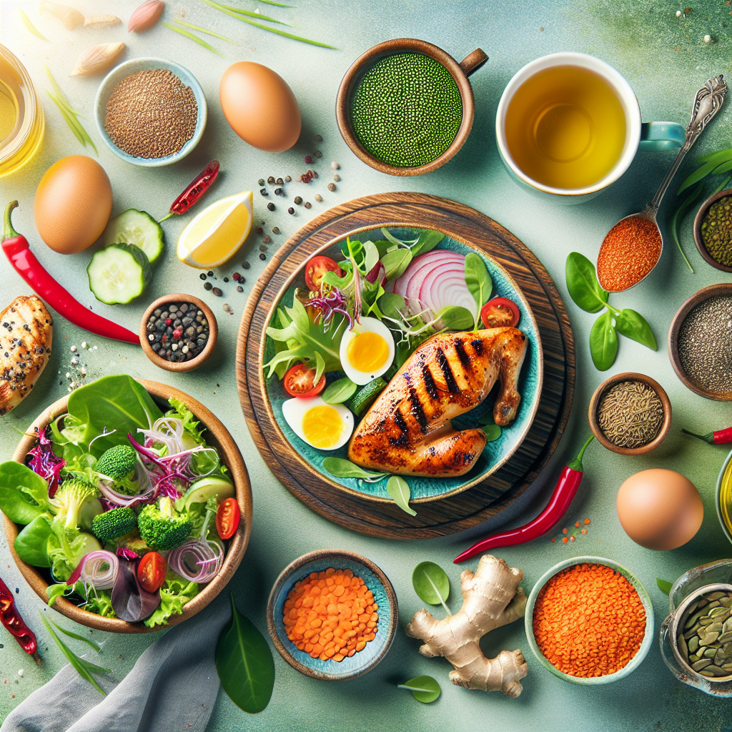 A vibrant, high-angle flat lay shot of a healthy and energetic meal spread, featuring a variety of metabolism-boosting foods. Include lean grilled chicken or fish, fresh eggs, a colorful salad with leafy greens, a small bowl of lentils, a cup of steaming green tea, red chili peppers, and a slice of ginger. The setting is bright and clean, with natural lighting. Photorealistic style, sharp focus, conveying vitality and wellness.