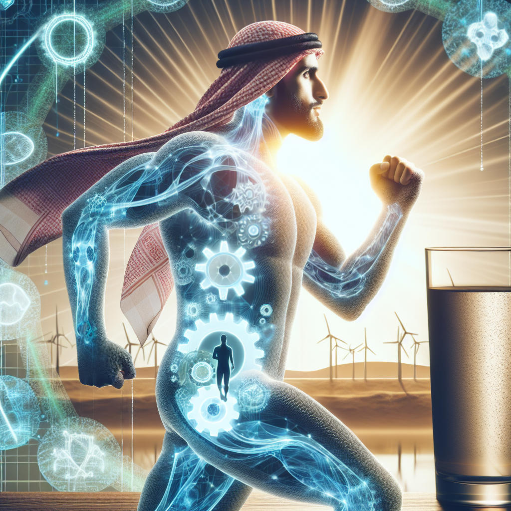 Vibrant digital art image of a person full of energy and vitality, perhaps taking a brisk walk or stretching outdoors. Abstract, glowing internal energy flows or subtle gears are subtly visible within their body, symbolizing an active metabolism. A refreshing glass of water is visible in the background. The scene is bright, optimistic, and emphasizes health and well-being.