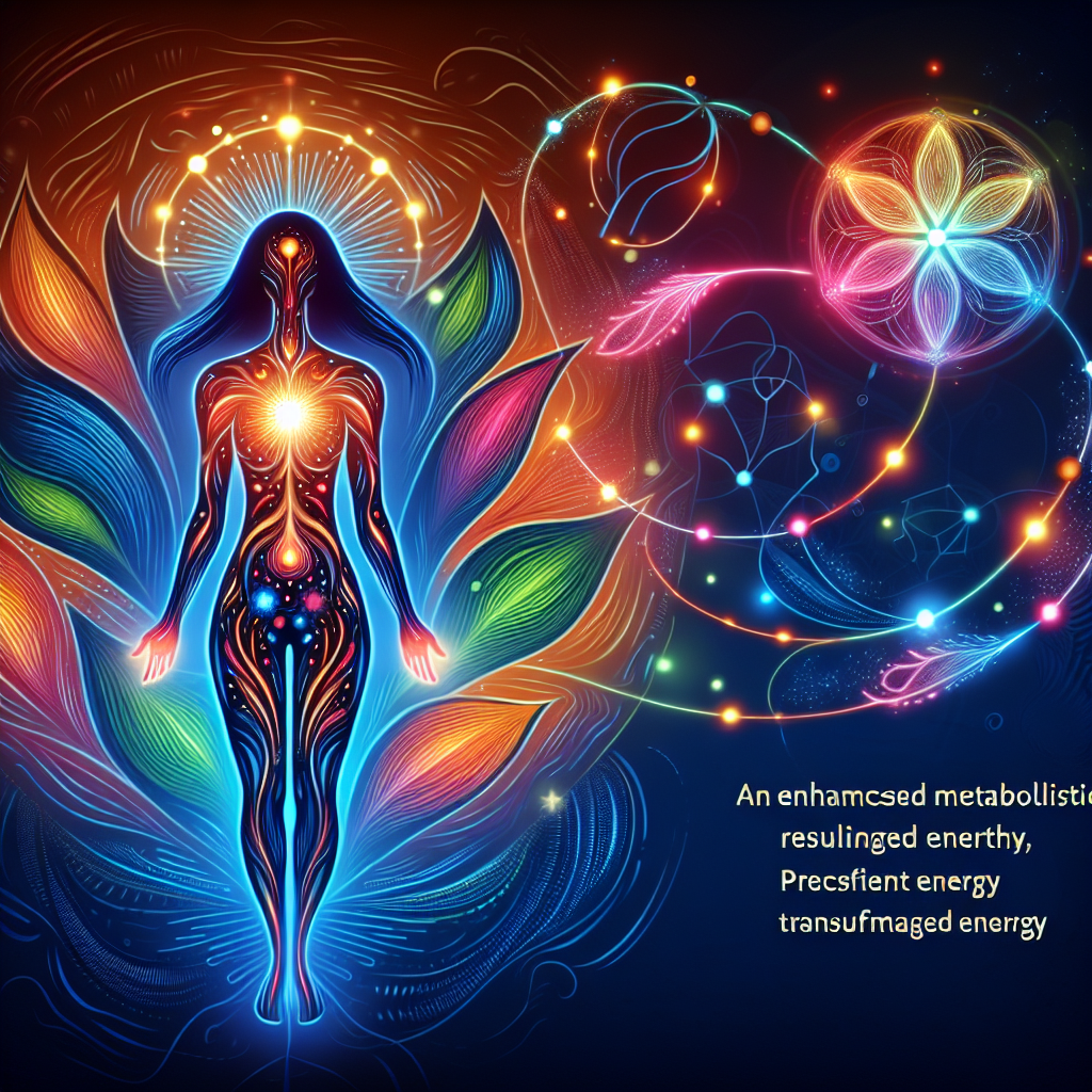 A dynamic and vibrant illustration depicting the concept of a boosted metabolism for increased energy. Show a stylized human figure or a subtle silhouette with glowing energy streams and interconnected pathways radiating from its core, symbolizing vitality, efficient energy conversion, and overall well-being. The colors should be fresh and invigorating, suggesting health and dynamism, with a modern, clean aesthetic.