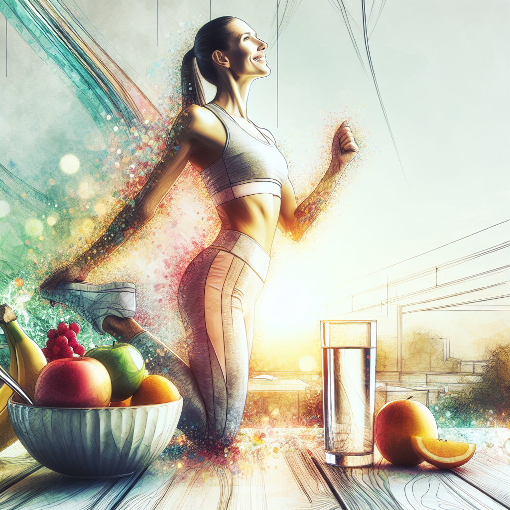 A vibrant and inspiring image of a person full of energy, possibly in their 30s-40s, looking healthy and happy, mid-stretch or engaging in light morning exercise in a bright, clean, and modern setting (could be indoors with a view, or a park-like outdoor space). Prominently featured nearby are a refreshing glass of water and a bowl of fresh, colorful fruits. The overall atmosphere should convey vitality, a boosted metabolism, and an energetic start to the day. The style should be positive, bright, and clean, suitable for a wellness blog.