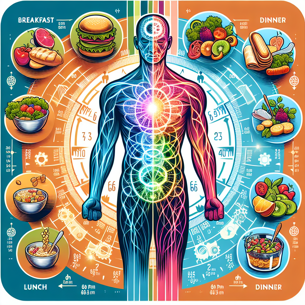 A vibrant, infographic-style illustration contrasting two eating patterns: on one side, three distinct, healthy meals (breakfast, lunch, dinner) are depicted, and on the other, six smaller, healthy snack-like portions are shown. In the center, a stylized human torso with glowing energy lines or interconnected gears represents an active metabolism, visually linking the different eating frequencies to the body's internal energy processes. The overall image should convey health, dynamism, and the concept of optimizing metabolic effect through meal timing, with a clean and modern aesthetic.