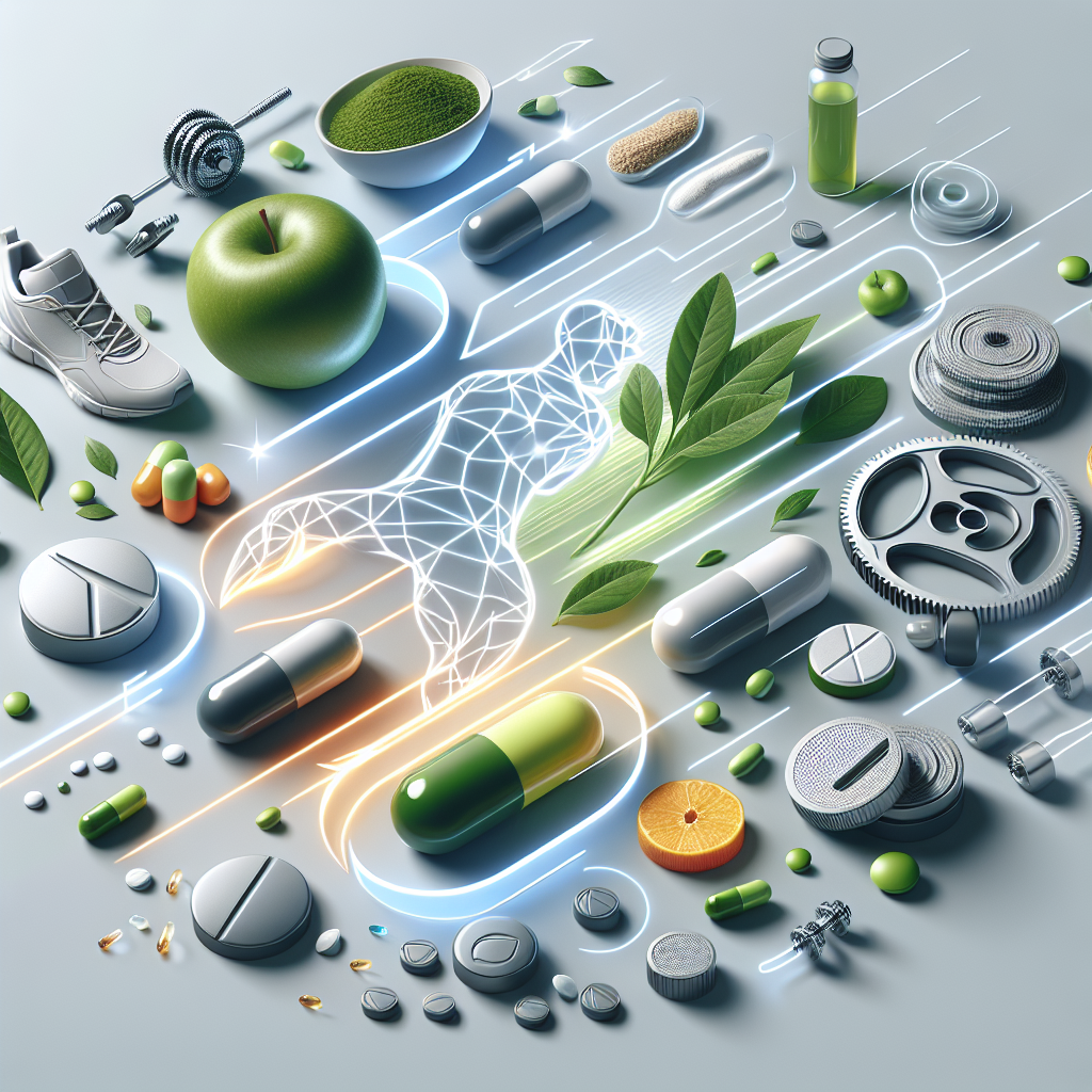 A conceptual image representing 'metabolism boost'. On one side, illustrate sleek, modern pharmaceutical elements like stylized pills and capsules. On the other side, depict natural alternatives such as vibrant green tea leaves, a crisp apple, and a dynamic running shoe or weights. In the center, glowing, energetic lines or subtle gears suggest an accelerated metabolic process, perhaps within a stylized, abstract human form. The overall aesthetic should be clean, modern, and convey both scientific accuracy and healthy vitality, with a bright, optimistic color palette.