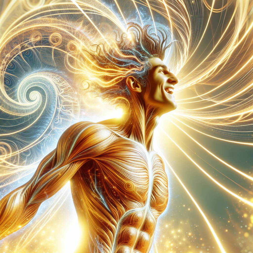 A vibrant and energetic person, radiating an aura of golden light and dynamic swirling lines, abstractly representing a boosted metabolism. They appear active, healthy, and happy, with a focus on vitality and well-being. The background is clean and bright, emphasizing positive energy and efficient body function. Digital illustration, high detail.