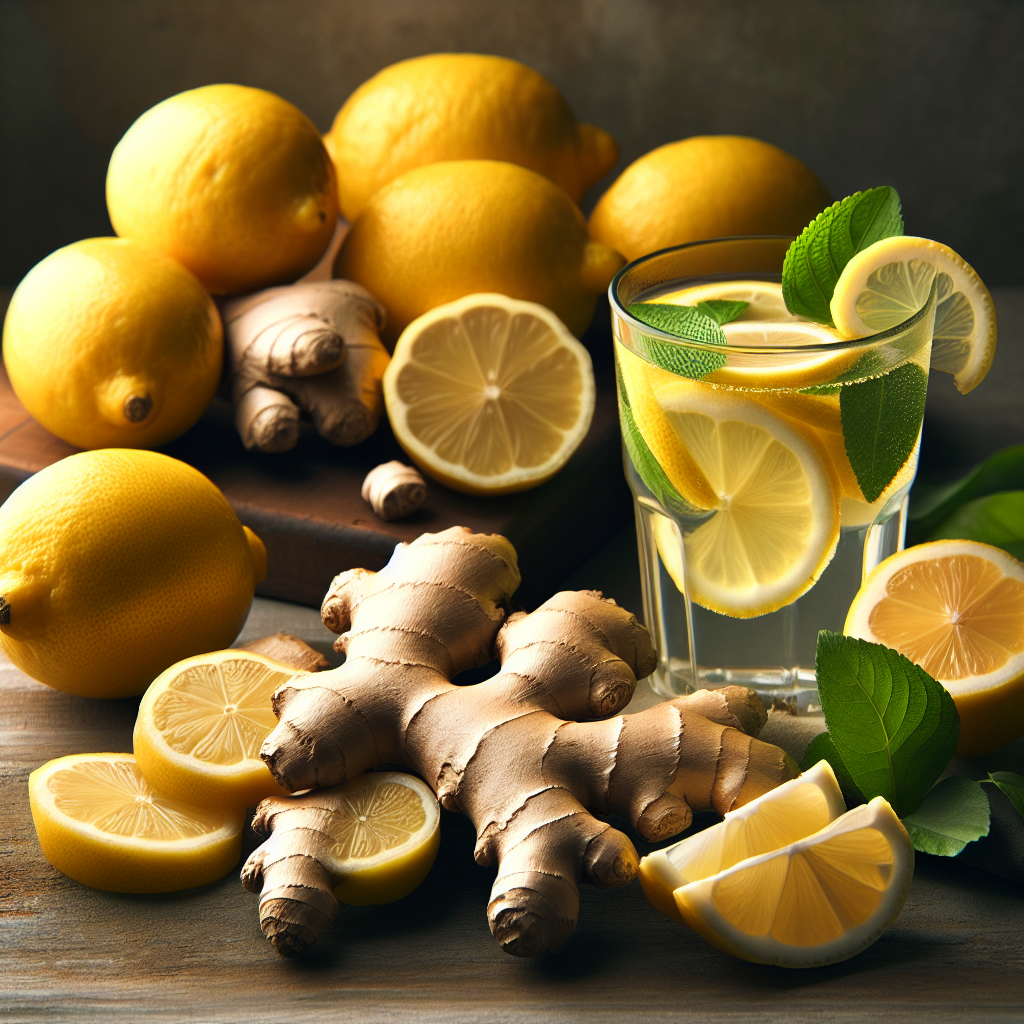 A vibrant still life featuring fresh lemons (whole and sliced) and ginger roots, artistically arranged around a clear glass of refreshing lemon-ginger infused water or tea. The scene should exude natural health, vitality, and an invigorating feel, with bright, clean lighting and a focus on the fresh ingredients.