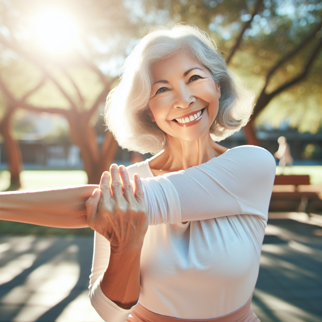 A vibrant and cheerful senior woman, around 65-70 years old, with a healthy glow and a radiant smile, performing gentle, energizing stretches or tai chi outdoors in a sun-drenched park. The image should embody vitality, renewed energy, and a positive, active lifestyle for people over 60, with bright, natural lighting and a sense of well-being.