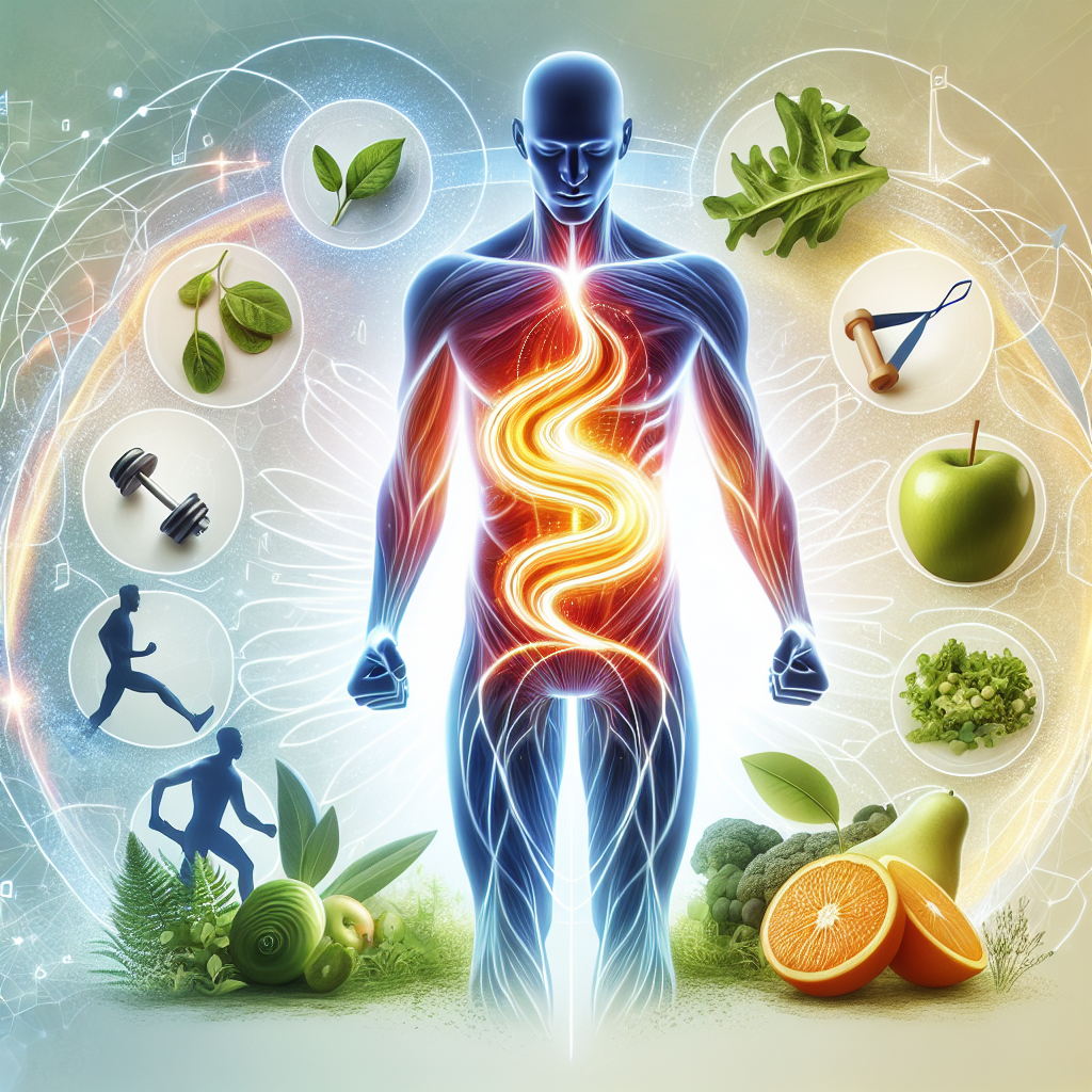 A vibrant and energetic digital illustration depicting a stylized human figure with an internal glow or swirling energy lines around the abdominal area, symbolizing a boosted metabolism. Surrounding the figure are dynamic elements like leafy greens, fresh fruits, and subtle representations of light exercise such as running shoes or a resistance band. The background is clean and bright, conveying health and progress towards weight loss, with a modern, optimistic aesthetic. Focus on dynamic flow and vitality.