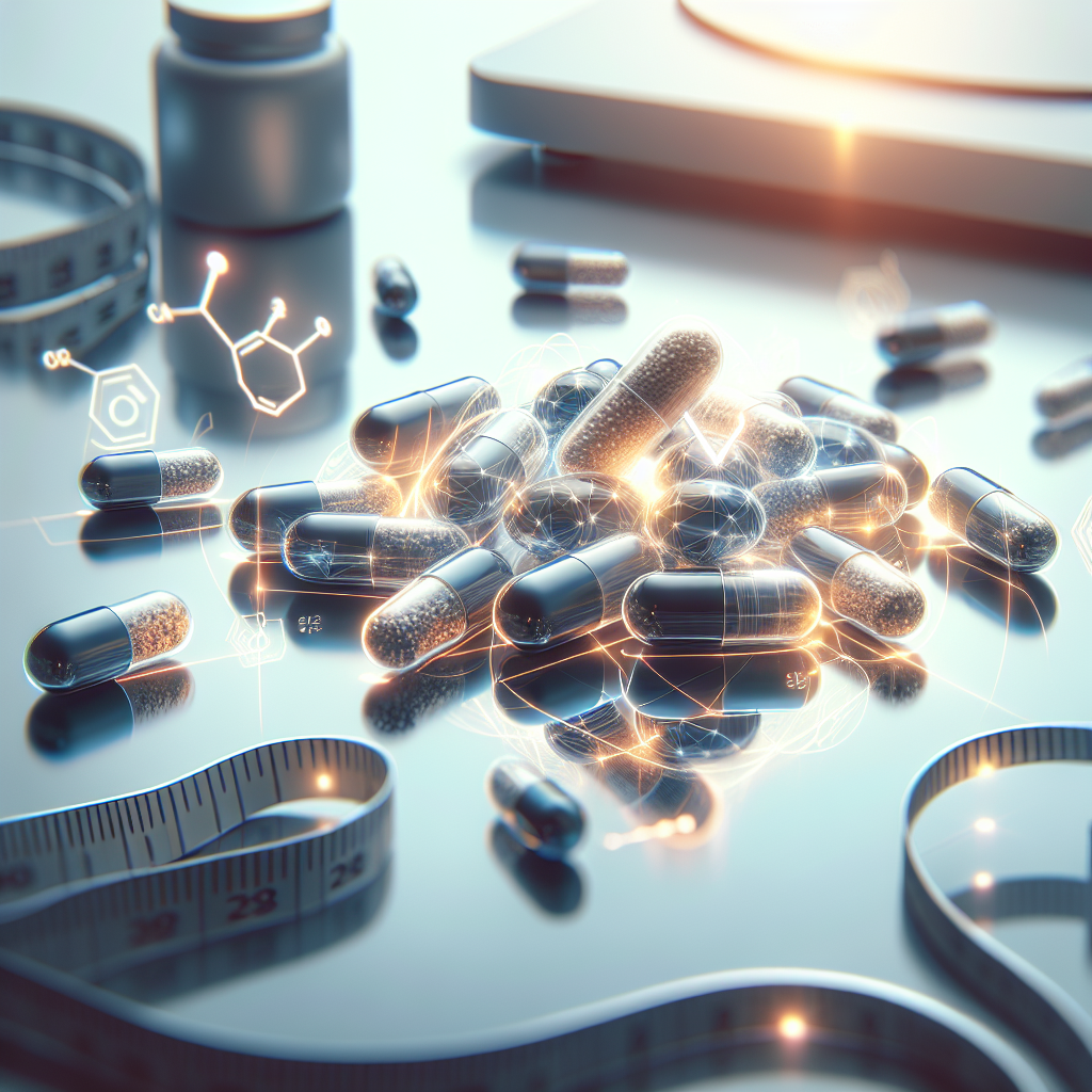 A sleek, scientific flat lay image featuring a variety of modern metabolism-boosting pills and capsules, artfully arranged on a clean, reflective surface. Energetic, glowing lines and abstract chemical symbols emanate from the pills, symbolizing accelerated internal body processes and fat burning. In the subtle background, a soft blur of a measuring tape or a weighing scale hints at weight loss. The lighting is crisp and bright, with an editorial, slightly analytical tone, implying both promise and scrutiny.
