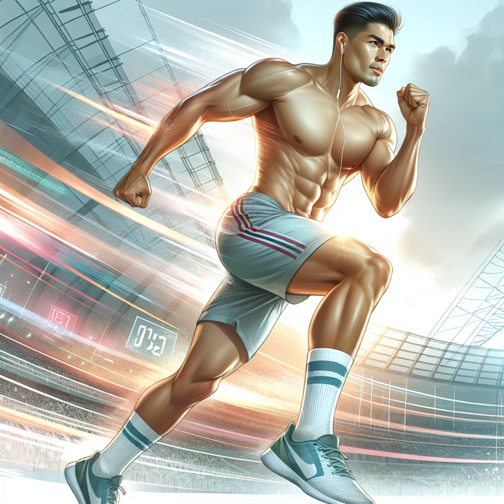 A fit, energetic man in his early 30s, with a healthy, lean physique, is performing a dynamic exercise like weightlifting or jogging outdoors. He has a confident and determined expression, symbolizing an active metabolism and successful weight loss journey. The background is bright, clean, and motivating, subtly incorporating elements of health and vitality. Photorealistic style, inviting and positive.