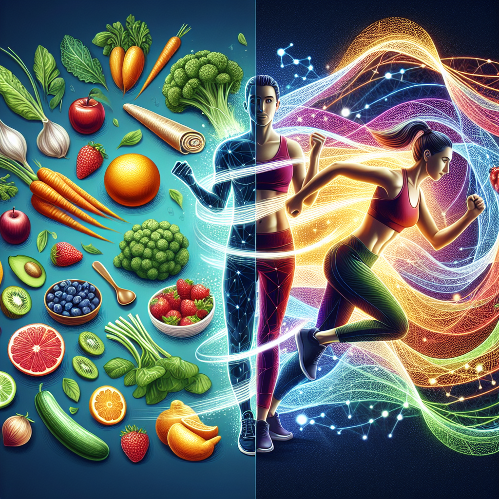 A vibrant and energetic illustration combining elements of healthy nutrition and active movement. On one side, a diverse spread of fresh, colorful foods like fruits, vegetables, and lean protein, arranged appealingly. On the other side, a person (gender-neutral, diverse) engaged in a dynamic exercise, such as jogging or stretching. Connecting these two elements are subtle, glowing energy lines or a swirling effect, visually representing a boosted metabolism and efficient calorie burning for weight loss. The style is modern, clean, and inspiring, conveying a sense of vitality and well-being.