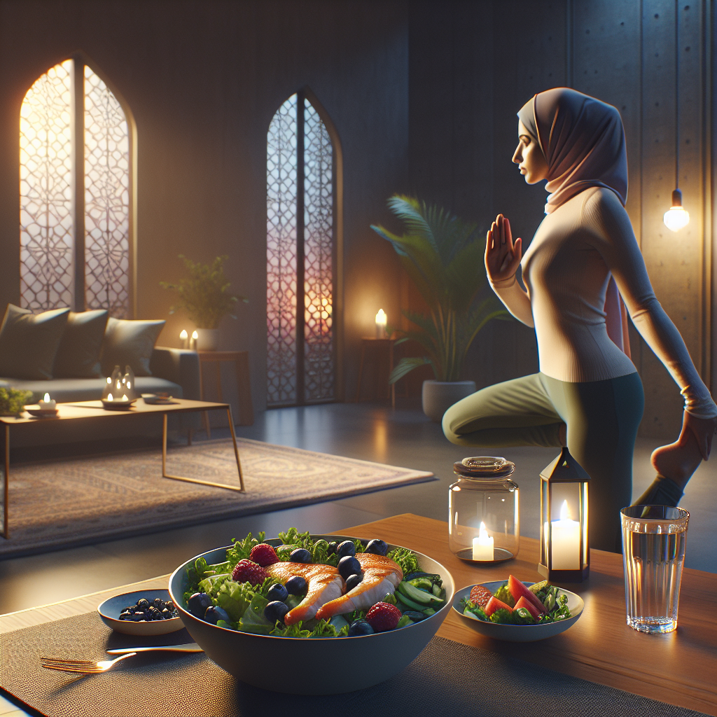 A cozy, warm evening scene in a modern home. A person is gently stretching or doing light yoga on a mat in soft, diffused light. On a small table next to them, there's a beautifully arranged, light and healthy dinner: a colorful salad with chicken or fish, some berries in a bowl, and a glass of water. The overall atmosphere is peaceful and suggests well-being and a gentle evening routine to boost metabolism. Photorealistic style.