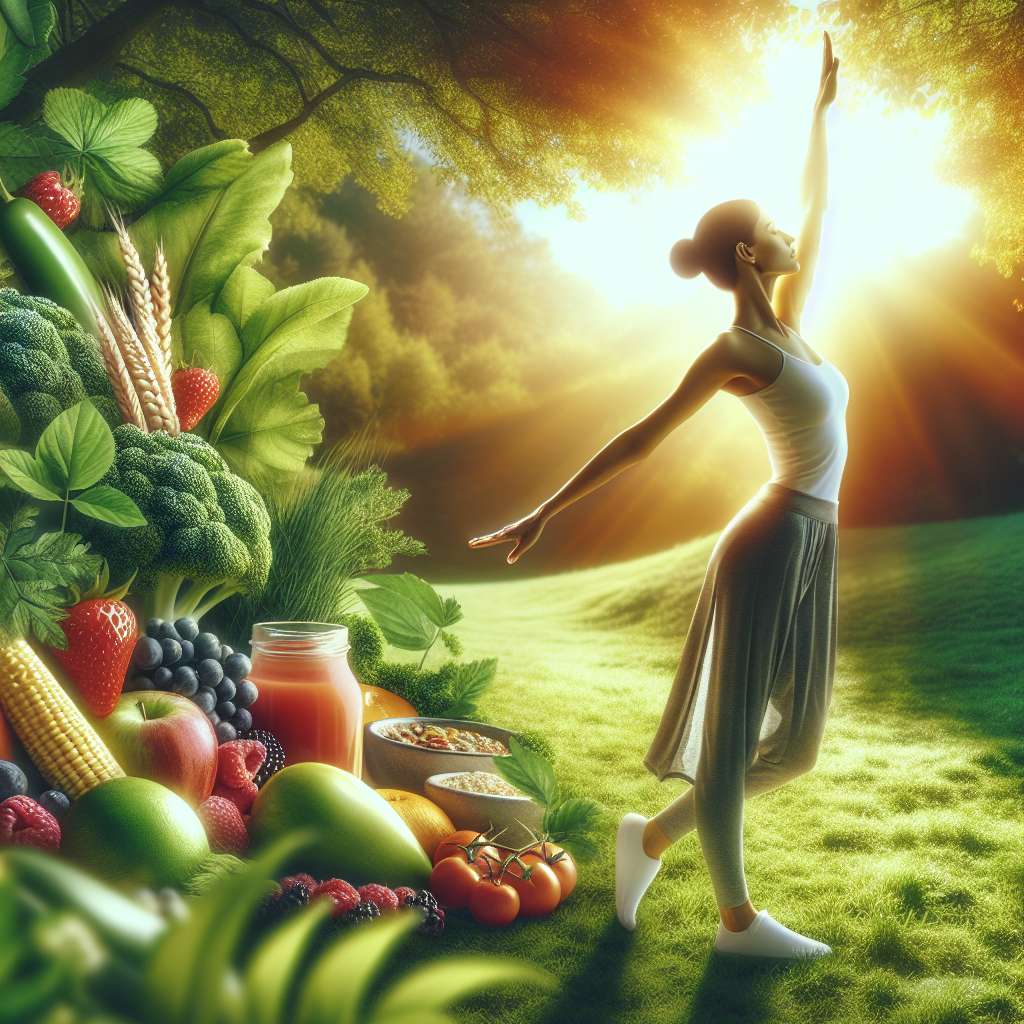 A vibrant, energetic person, embodying health and vitality, is performing a light morning stretch in a sun-drenched, natural outdoor setting, such as a garden or park. Around them, various fresh, colorful natural foods like berries, green vegetables, and whole grains are subtly integrated into the scene. There's a soft, warm glow emanating from the person's core, symbolizing an activated metabolism and increased energy. The overall atmosphere is bright, optimistic, and full of natural well-being. Digital art, inviting style.