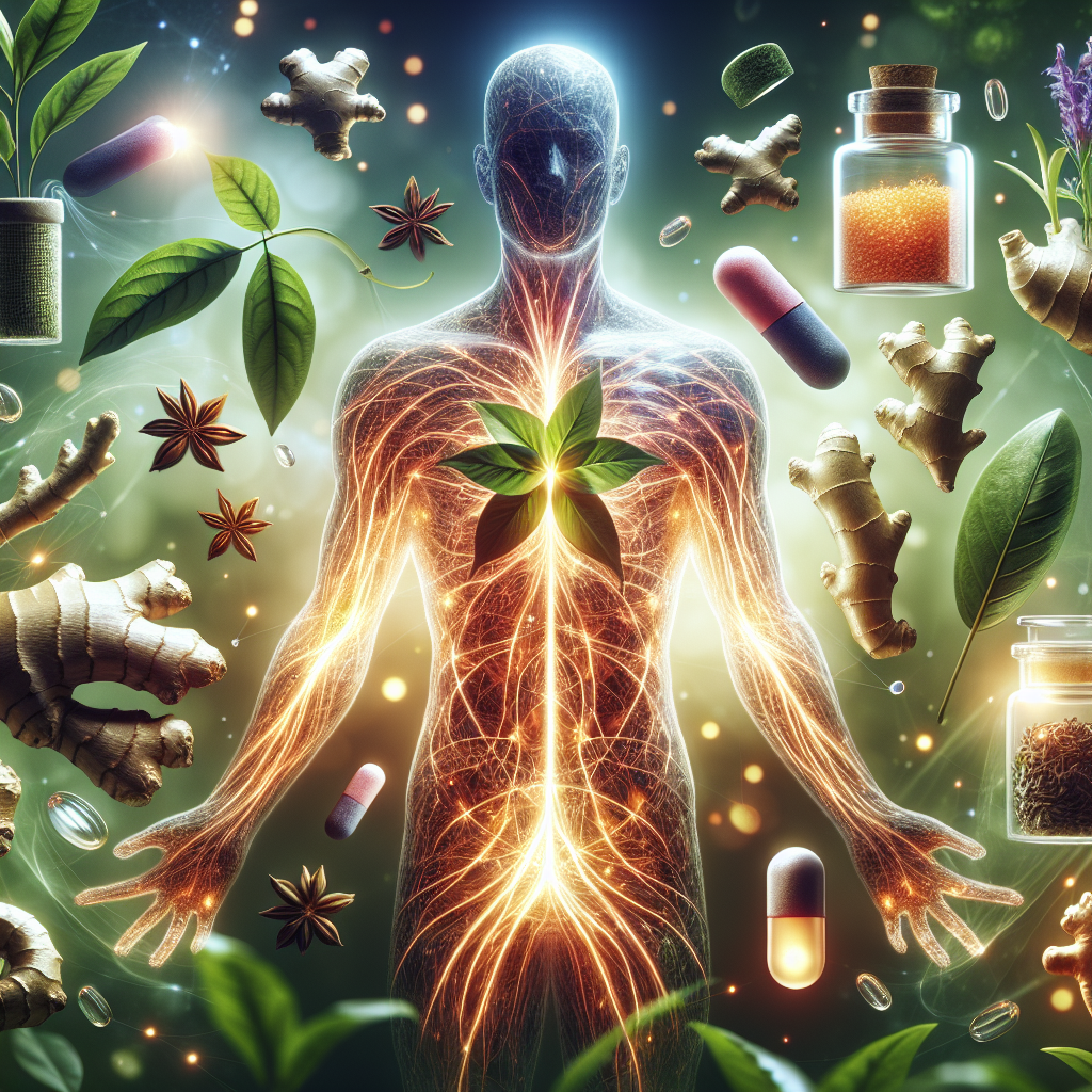 A vibrant, conceptual image illustrating a boosted metabolism. A stylized human silhouette with internal glowing energy pathways, surrounded by natural elements like green tea leaves, ginger root, and guarana berries. In the background, subtly blurred apothecary bottles, pill capsules, and scientific glassware. The overall aesthetic is clean, modern, and energetic, blending natural remedies with a pharmacy context. Digital art, high detail, bright lighting.