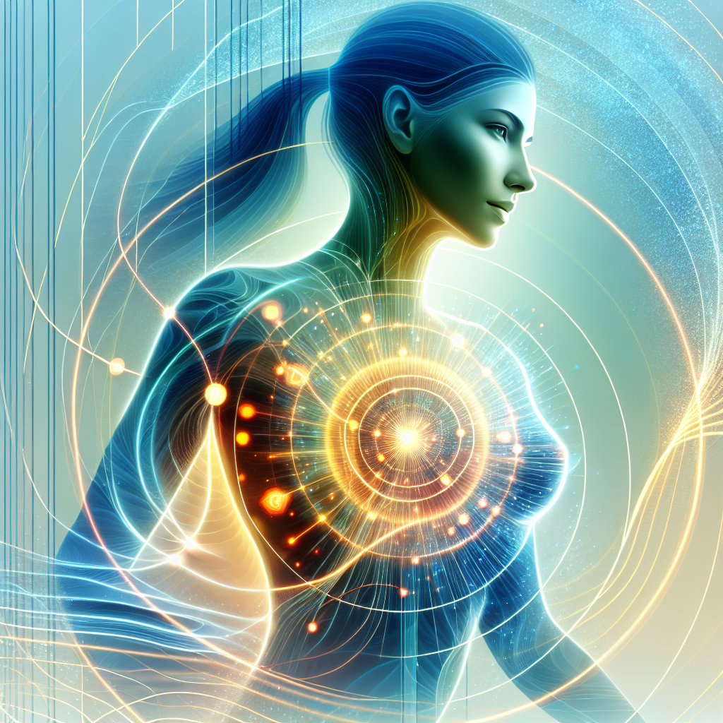 A vibrant and energetic digital illustration of a modern woman, looking healthy and active. Around her core, subtle, flowing lines and abstract, glowing symbols, reminiscent of cellular energy or biochemical processes, radiate outwards, symbolizing a stimulated metabolism. The background is clean and bright, enhancing her vitality. The style is sophisticated and inspiring, with a focus on wellness and inner strength, using a palette of refreshing blues, greens, and warm yellows.