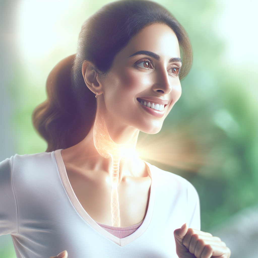 A vibrant and serene woman in her 30s-40s, with a gentle, energetic smile, engaging in a light, healthy activity like stretching or a peaceful walk in a bright, natural setting. Subtly, a soft, ethereal glow emanates from her neck area, symbolizing a healthy, active thyroid and a boosted metabolism, conveying a sense of renewed vitality and well-being despite challenges like Hashimoto's. The overall atmosphere is hopeful and empowering.