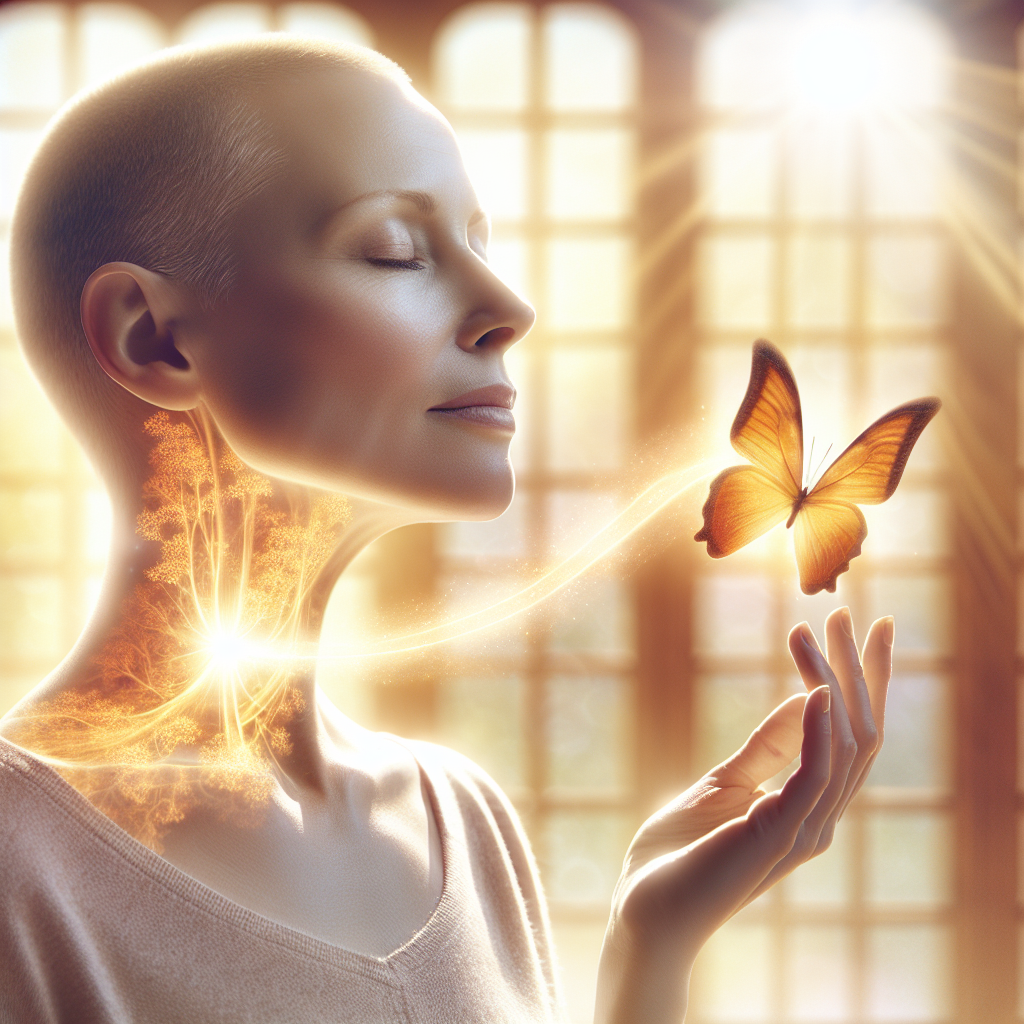 A radiant, healthy person, gender-neutral, taking a deep, revitalizing breath or stretching gently, with a subtle, glowing butterfly shape (representing the thyroid) emanating warm energy from their neck area. The person has a serene yet energetic expression, symbolizing renewed metabolism and vitality. The background is soft, clean, and filled with warm, natural light, conveying a sense of holistic well-being and inner strength against the backdrop of Hashimoto's. Modern, clean aesthetic.