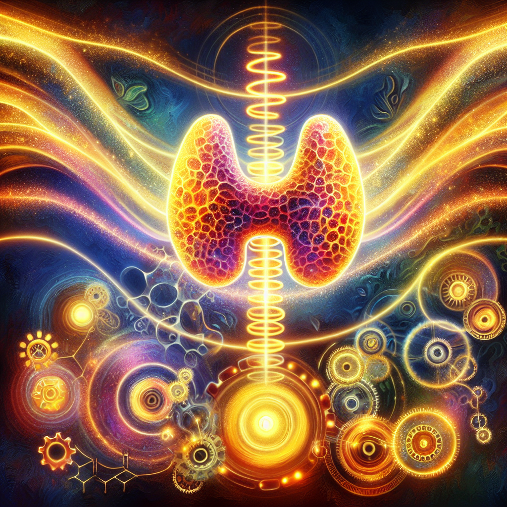 A vibrant, stylized illustration showing a delicate thyroid gland at the center. From the thyroid, warm, golden energy waves pulsate outwards, metaphorically 'waking up' and boosting a surrounding, previously sluggish energy flow. Elements like gears or clockwork subtly transform from slow to fast, representing metabolism. The overall feeling is one of revitalization, health, and renewed energy. Soft, encouraging lighting. Digital painting style.