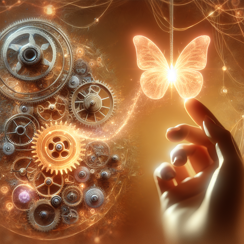A metaphorical image showing a delicate, intricate clockwork mechanism (representing metabolism) with its gears barely turning, appearing sluggish and dim. A small, butterfly-shaped gear (representing the thyroid) is prominently visible and nearly still. A gentle, warm, ethereal light or a subtle, caring hand is reaching in to softly nudge and revitalize the mechanism, causing the gears to begin turning more smoothly and brightly. The atmosphere is hopeful, serene, and emphasizes inner balance and gentle invigoration. Soft focus, warm lighting, digital painting style.