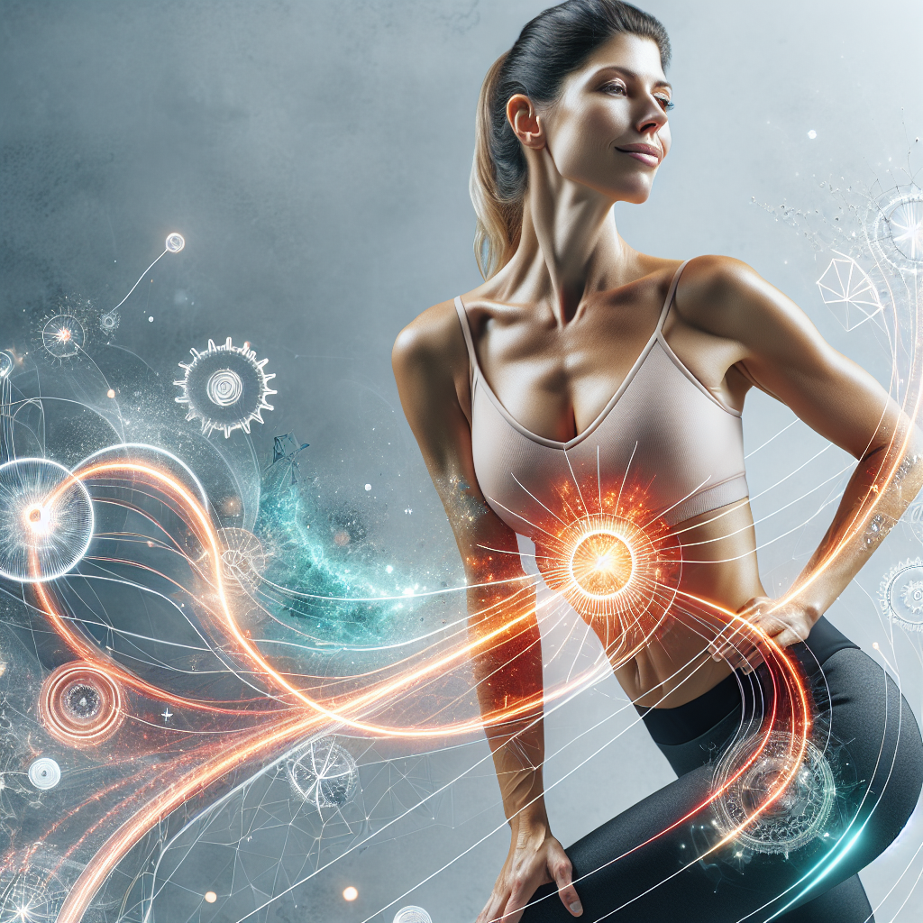 A vibrant and energetic woman in her 30s-40s, with a healthy glow and a confident smile, performing a light, graceful exercise or stretch. Around her, subtle, abstract visual elements symbolize an active metabolism, such as glowing energy pathways flowing through her body or elegant, minimalist gears in motion. The overall atmosphere is uplifting and empowering, set in a bright, modern wellness environment. Realistic style, conveying health and revitalized energy.