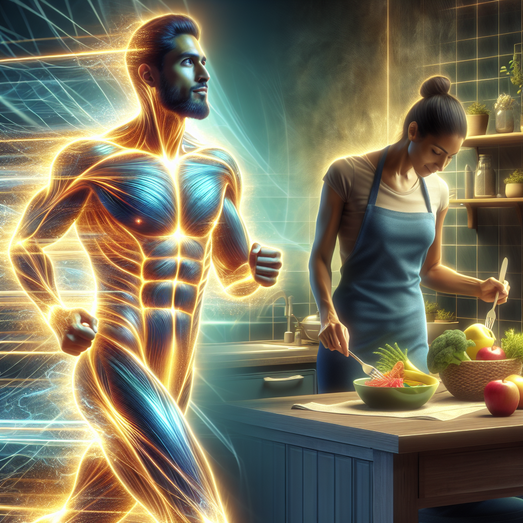 A vibrant, energetic person with a healthy glow, performing a simple, everyday activity like briskly walking outdoors or preparing a fresh, colorful meal. Around them, dynamic lines of warm, golden light and a subtle aura radiate, visually representing an active, boosted metabolism efficiently burning energy. The scene should convey positivity, ease, and a modern, healthy lifestyle. High-quality digital painting.