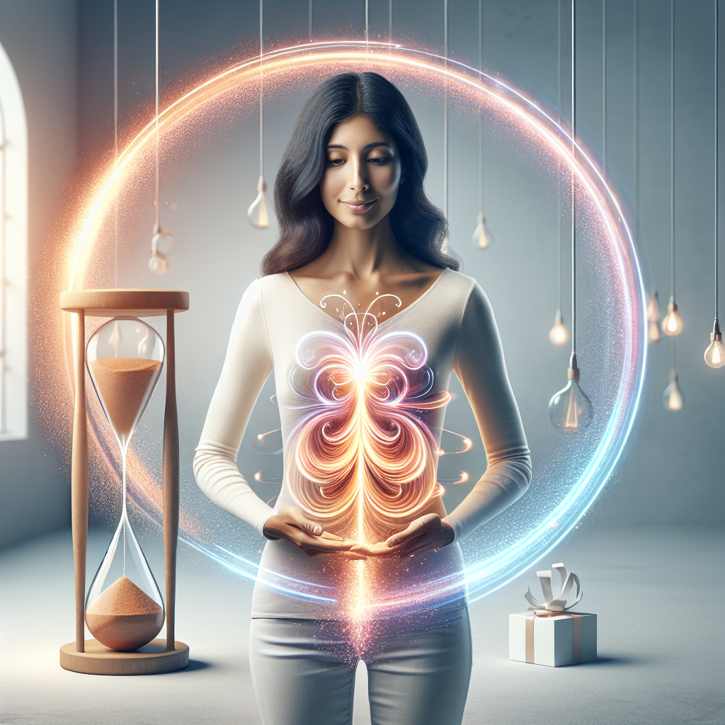 A vibrant, energetic person with a healthy glow, standing in a serene, clean environment. Subtle, swirling light particles radiate from their core, symbolizing an active metabolism. In the background, a minimalist clock or hourglass gently suggests the concept of fasting and time. The overall style is clean, modern, and conceptual art, with bright, positive colors and soft studio lighting.