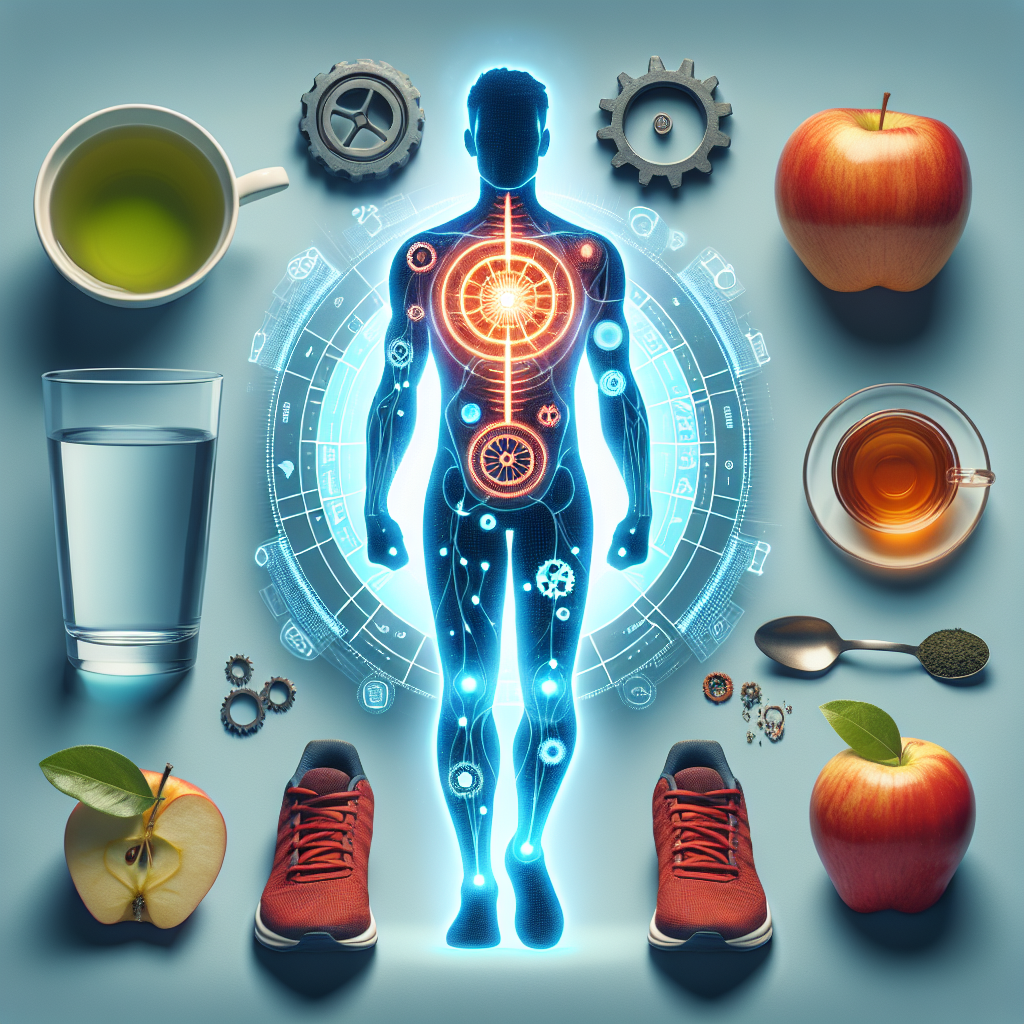 A dynamic human silhouette with internal glowing gears and energy lines, symbolizing an active metabolism. Surrounding this figure are simple, affordable elements like a glass of water, a fresh apple, a teacup, and small, symbolic representations of movement like a running shoe. The overall aesthetic is bright, encouraging, and clean, emphasizing accessible and cheap ways to boost metabolism.