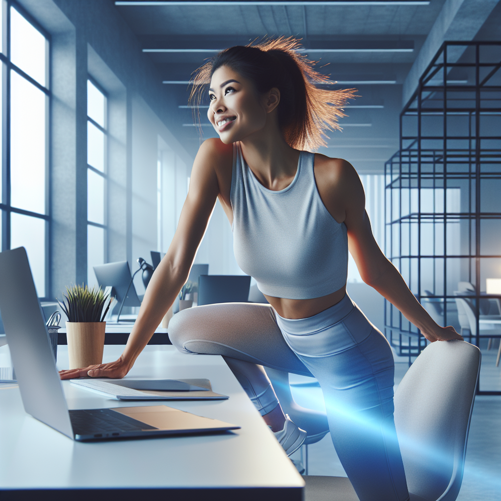 A vibrant and energetic office worker, either male or female, standing actively at a modern desk, perhaps performing a subtle stretch or a mini-movement like a gentle knee bend. The background is a clean, contemporary office, and the lighting is bright and inspiring, conveying a sense of boosted metabolism, vitality, and productivity during the workday.