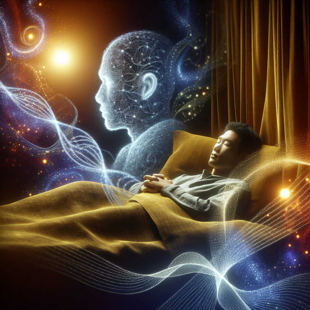 A tranquil bedroom scene at night, with a person sleeping soundly in a cozy bed. Subtle, glowing light trails and abstract energy currents flow gently around their body, symbolizing an active metabolism and restorative processes happening during sleep. Soft, warm ambient light, serene atmosphere. Digital painting.