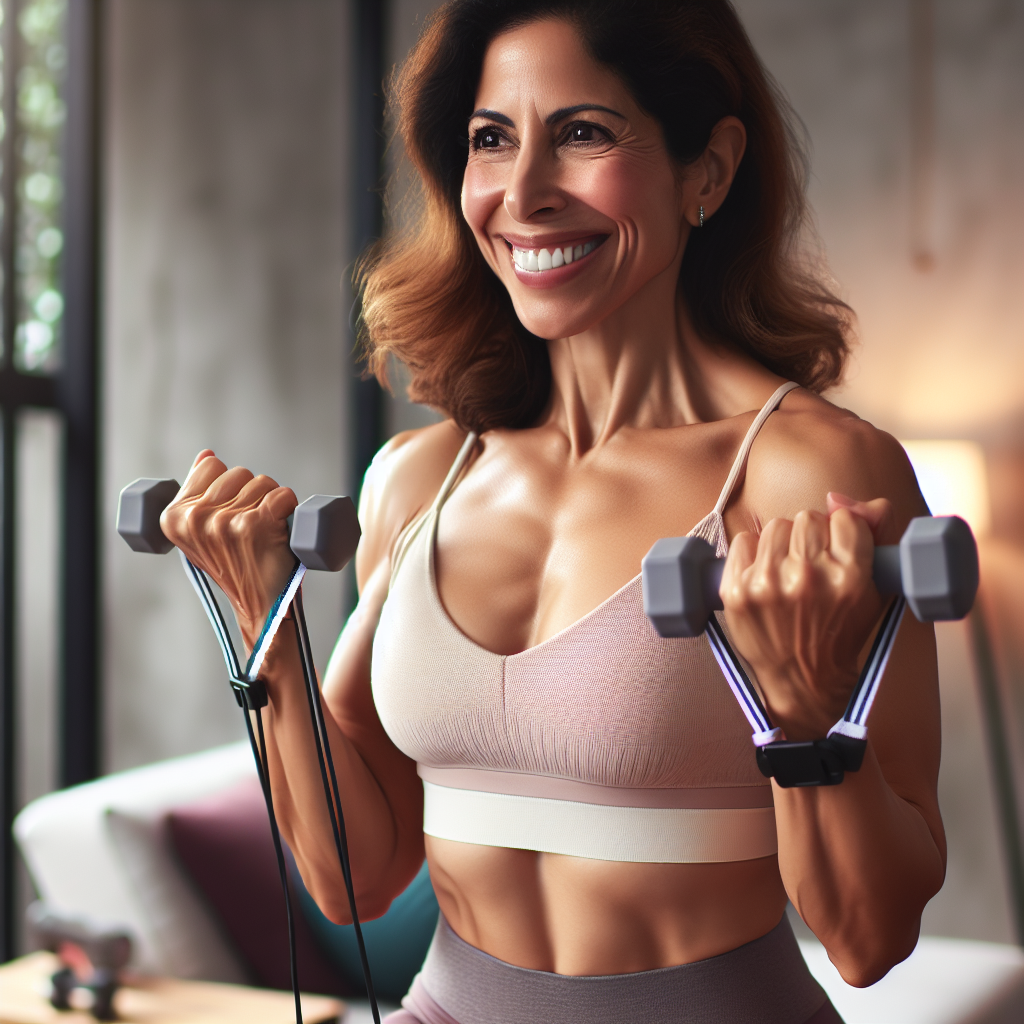 A vibrant and healthy woman in her 50s, with a radiant smile, performing light strength training with small weights or resistance bands in a bright, modern home gym. She exudes energy and confidence, symbolizing an active metabolism and well-being during menopause. The scene conveys empowerment and an active lifestyle.