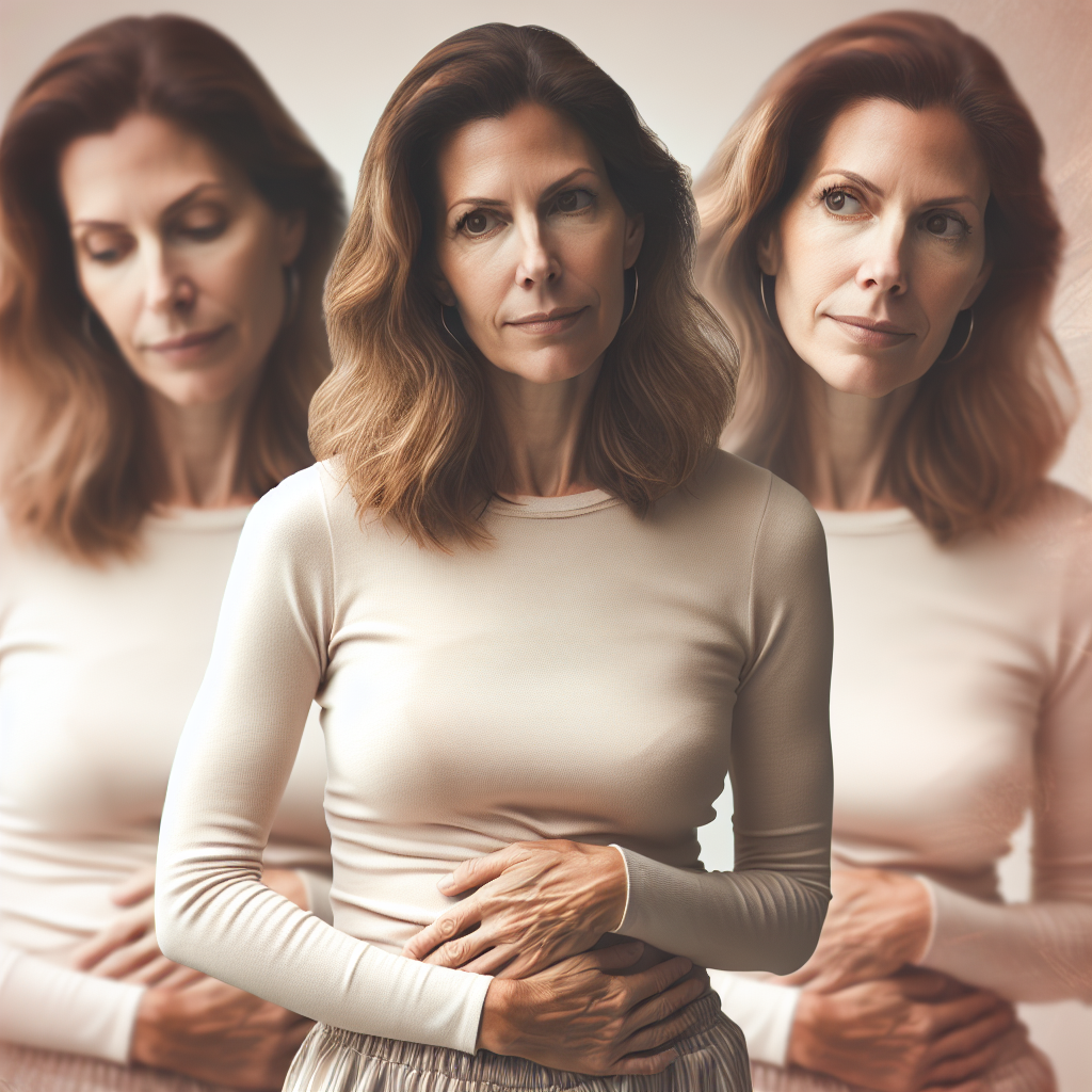 A thoughtful woman in her late 40s to early 50s, looking a bit tired yet reflective. She is gently holding her midsection, conveying awareness of body changes and the challenge of a slowing metabolism. Subtle, soft-focus background elements hint at a fading or winding down process, such as gentle, muted energy lines or a symbolic, softly ticking clock. The mood is supportive and empathetic, with warm, natural lighting and a slightly muted color palette, representing the perimenopause experience.