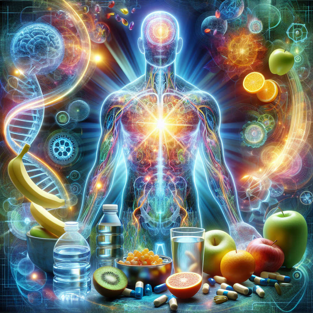 A vibrant, modern artistic representation of boosted metabolism. Visualize energetic, glowing pathways and gears rapidly turning within a translucent human body outline. Surrounding it are symbolic elements of healthy lifestyle and generic supplements: fresh fruits, a glass of water, and sleek, unbranded health product bottles/capsules. The scene conveys vitality, wellness, and scientific advancement with a clean, bright aesthetic and an energetic color palette.