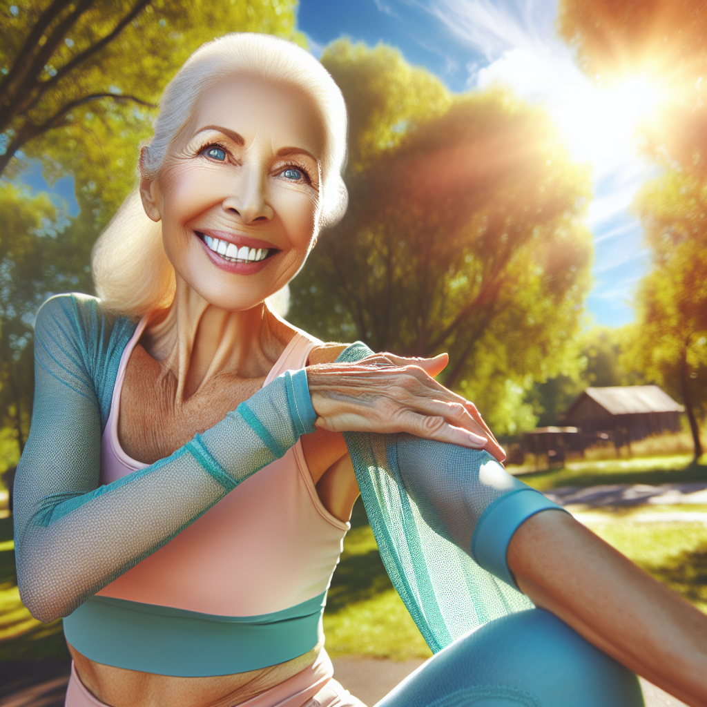 A vibrant and energetic senior woman, around 65 years old, happily stretching outdoors in a sunny park, embodying vitality and good health. She has a warm smile and is wearing comfortable athletic clothing. The background features lush green trees and a clear blue sky, suggesting an active and healthy lifestyle. Digital art style.