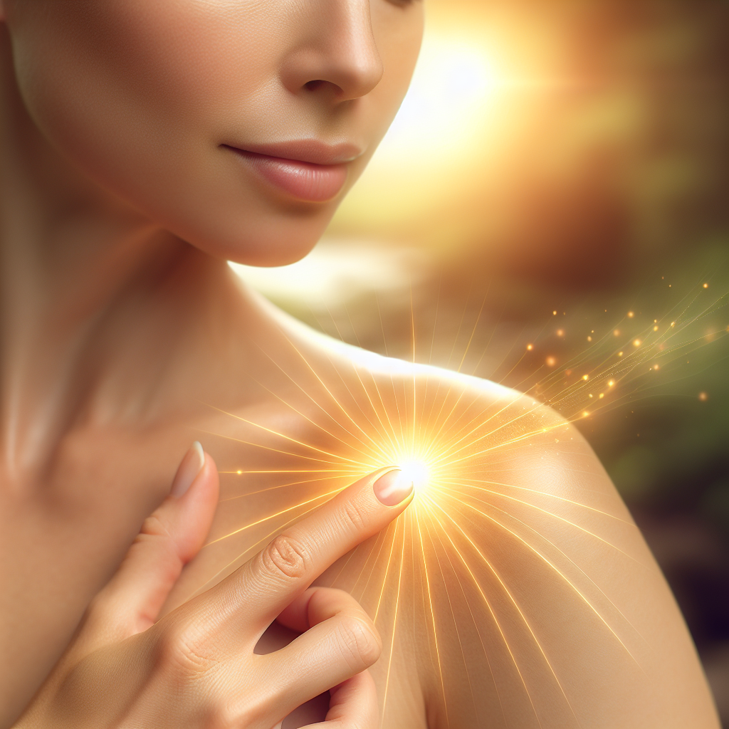 A close-up of a human hand gently pressing an acupressure point, with subtle golden energy lines or a soft glow emanating from the point, symbolizing natural energy, balanced metabolism, and well-being. The background is serene and slightly blurred, suggesting a calm, natural environment. Realistic, harmonious colors.