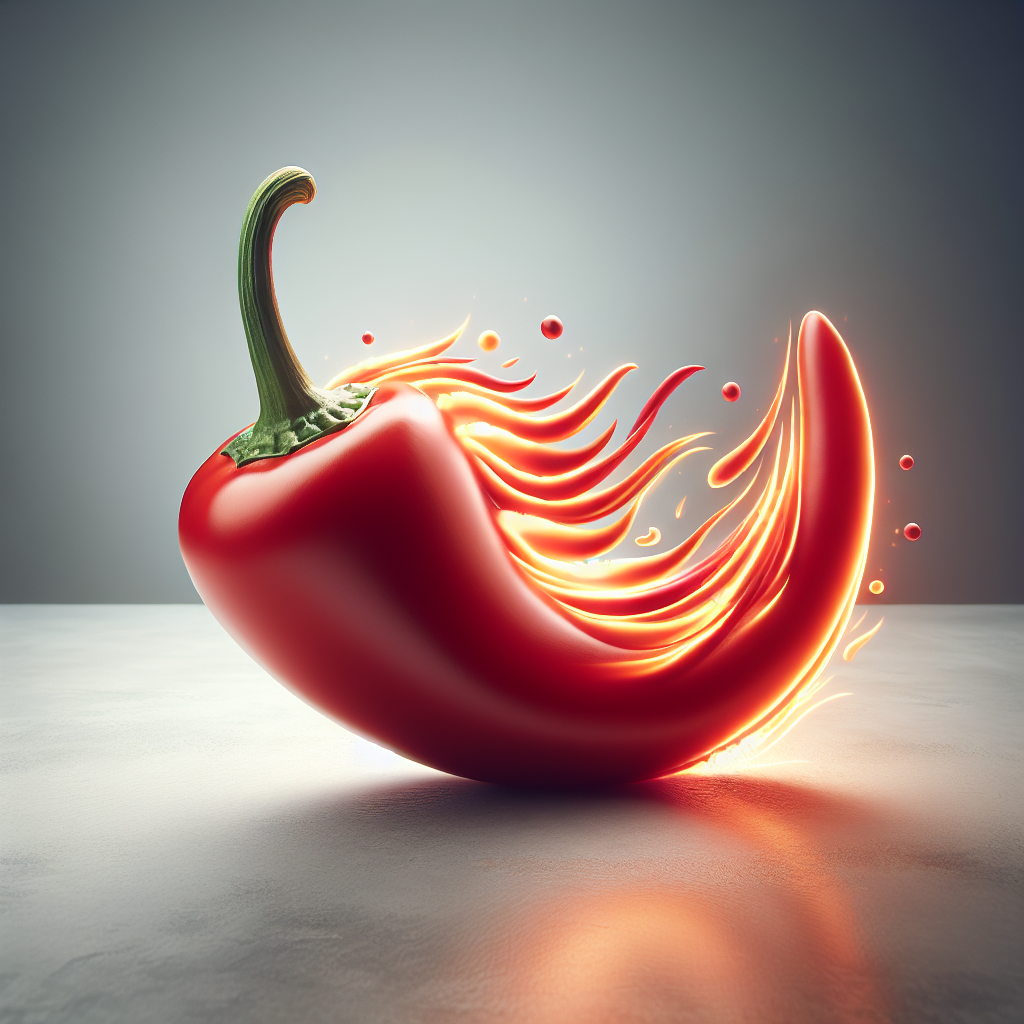 A vibrant, ripe red chili pepper, emanating a warm, fiery glow that subtly transforms into energetic ripples or a stylized representation of increased metabolism and calorie burning. The background is clean and natural, perhaps a blurred kitchen counter or a subtle gradient, emphasizing natural energy and health. Warm, inviting colors, high-quality photograph style.