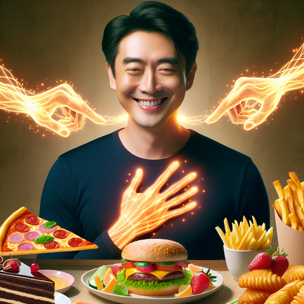 A cheerful person with a contented smile, surrounded by a vibrant, artfully arranged spread of delicious 'cheat day' foods like a slice of pizza, a juicy burger, crispy fries, and a decadent piece of cake. Subtle, glowing energy lines radiate from the food towards the person, symbolizing a stimulated metabolism and renewed vitality. The scene is bright, inviting, and captures a moment of joyful, strategic indulgence. Realistic style, high detail, warm lighting.