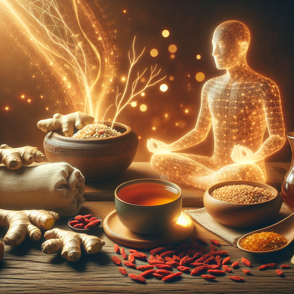 A tranquil and inviting scene depicting the concept of boosted metabolism through Traditional Chinese Medicine (TCM). Feature elements like steaming herbal tea, fresh ginger, goji berries, and warm grains (like millet or oats) in a comforting bowl. Subtle, ethereal energy lines or 'Qi' could emanate from the food and a serene, healthy figure in the background, suggesting vitality and balance. The lighting should be warm and natural, evoking a sense of well-being and inner warmth. Include some soft, natural textures like wood or linen. Focus on a harmonious blend of natural wellness and ancient wisdom.