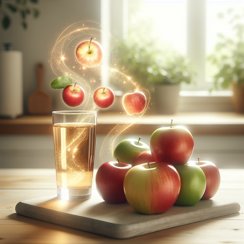 A minimalist, high-quality photograph of a clear glass of apple cider vinegar next to several fresh, vibrant red and green apples on a clean, light wooden kitchen counter. Subtle, glowing golden energy particles and soft light swirls emanate from the vinegar and apples, abstractly representing activated metabolism and vitality. The background is softly blurred with natural light, creating a fresh, healthy, and inviting atmosphere. Focus on natural textures and clean aesthetics.