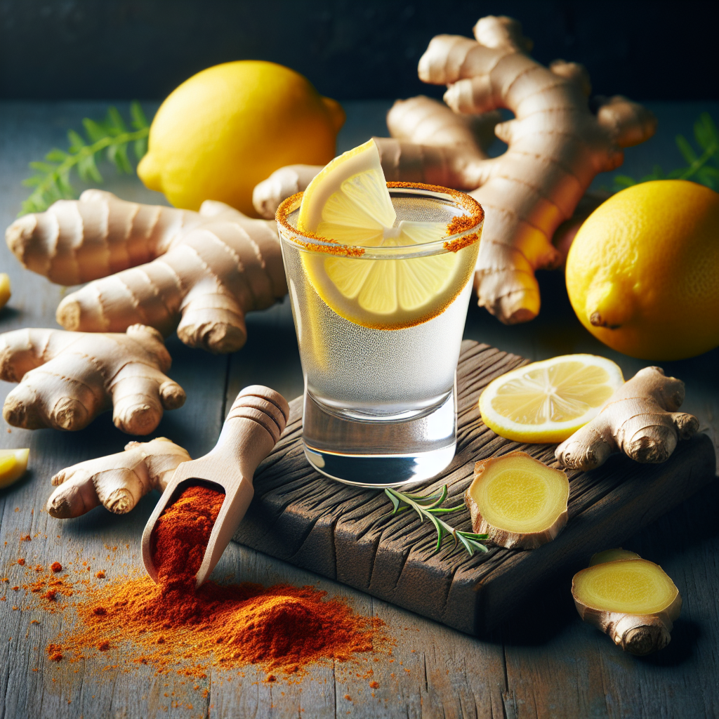 A vibrant and fresh Ingwer Shot (ginger shot) in a small, elegant glass, set on a natural wooden surface. Fresh ginger roots, sliced lemons, and a touch of turmeric powder are artfully arranged around the shot, illuminated by bright, natural light. The overall mood is energetic, clean, and highlights health and natural ingredients, resembling high-quality food photography.