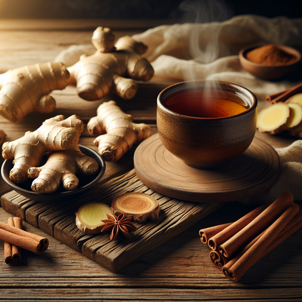 A vibrant, warm and inviting flat lay of fresh ginger root and whole cinnamon sticks, elegantly arranged on a rustic wooden surface next to a steaming cup of herbal tea infused with ginger and cinnamon. Soft, natural lighting highlights the textures, evoking a sense of natural health, wellness, and energy, suitable for a blog article on boosting metabolism.